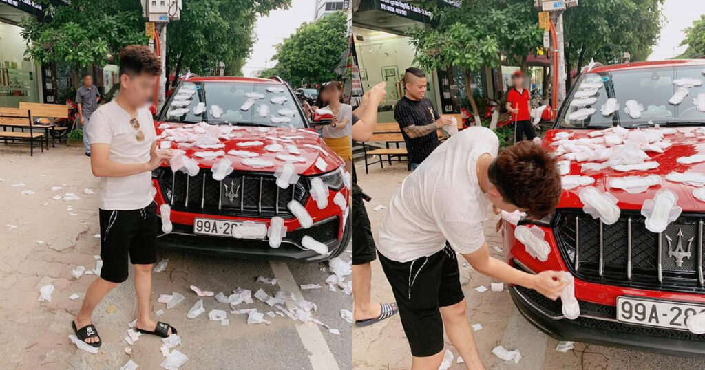 Dương Minh Tuyền có hành động dán băng vệ sinh vào xe ô tô và chạy khắp phố